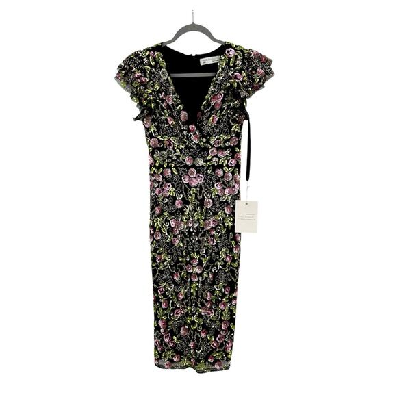 Mac Duggal Black Floral Embellished Flutter Cap Sleeve Dress Size 2 - Picture 3 of 12